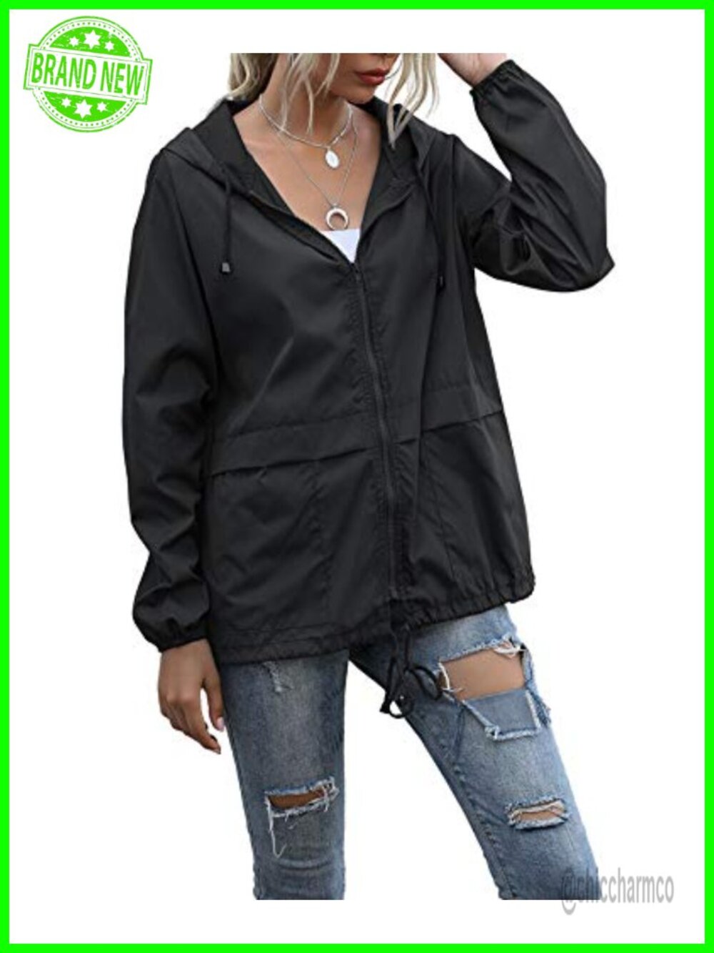 Waterproof Lightweight Hooded Rain Jacket Windbreaker with Pockets
